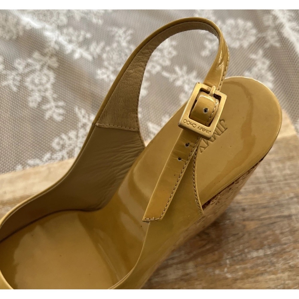 Jimmy Choo Praise Cork Patent Leather Yellow Platform Slingback Wedge S 38.5 - Picture 5 of 14